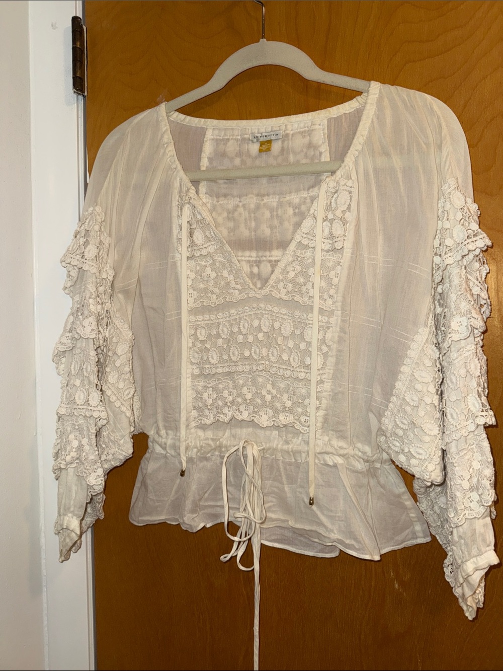 leifsdottir Cream Lace Peasant Blouse with Tiered Ruffle Sleeves